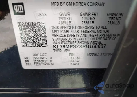 2023 Chevrolet Trailblazer Fwd Lt z USA, uszkodzony, nr VIN KL79MPS2XPB168887